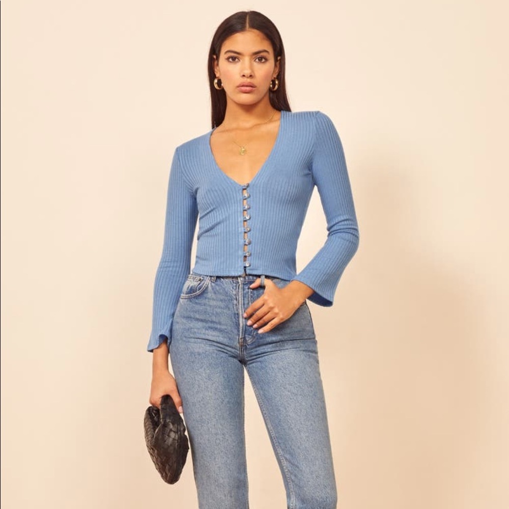 Reformation Blue Ribbed Button-Up Top - Picture 3 of 7